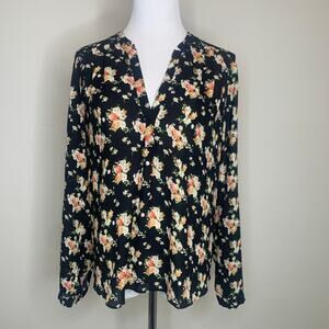 Dark Floral Blouse Long Sleeve Chiffon Sz Small